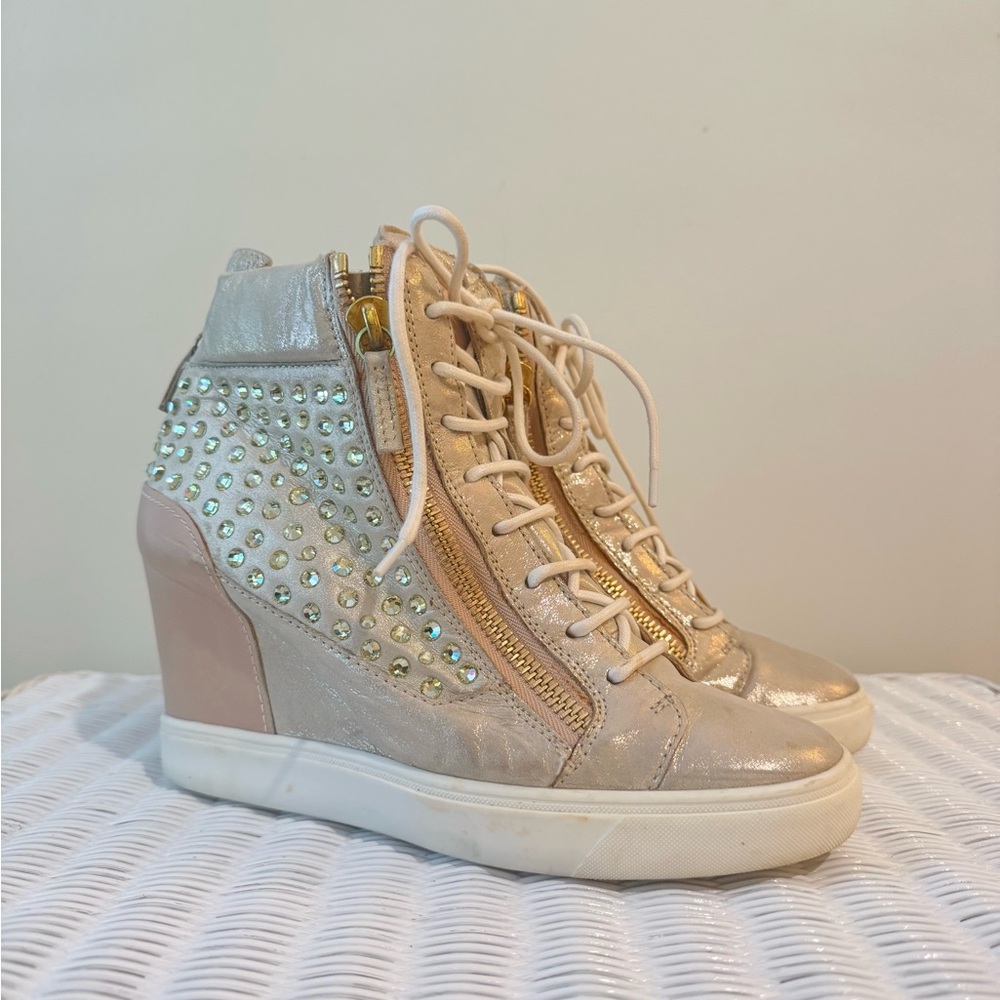 Giuseppe Zanotti Gold / Beige Leather & Suede Crystal Wedge Sneakers US 11 EU 42